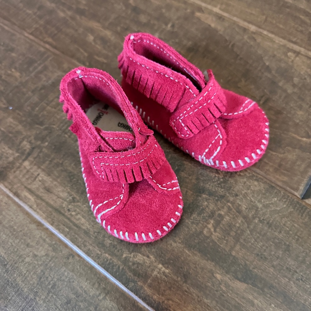 Minnetonka Red Suede Moccasins, Size 2
